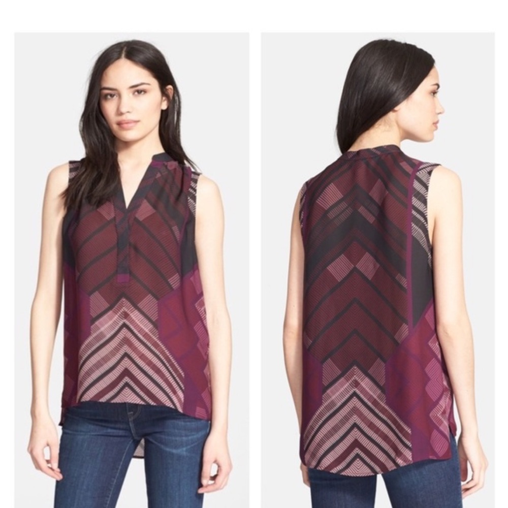 Vince Silk Geometric Print Burgundy Blouse